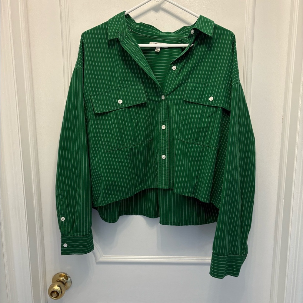 Madewell Poplin Green Strip Crop Button-Up
